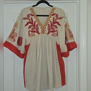 Embroidered V-Neck Mini Dress in Cream and Red Accents